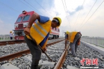 图为工在徐宿淮盐铁路，工人在进行路容清理。　宋恒 摄 - 江苏新闻网
