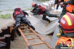 无锡消防指战员在太湖沿岸宜兴段对大堤进行加固作业。　许乾东 摄 - 江苏新闻网
